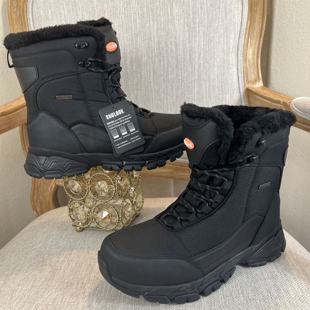 SHULOOK Men 10.5 Snow Boots Waterproof Warm Fur Lined Winter Hiking Boot Nonslip